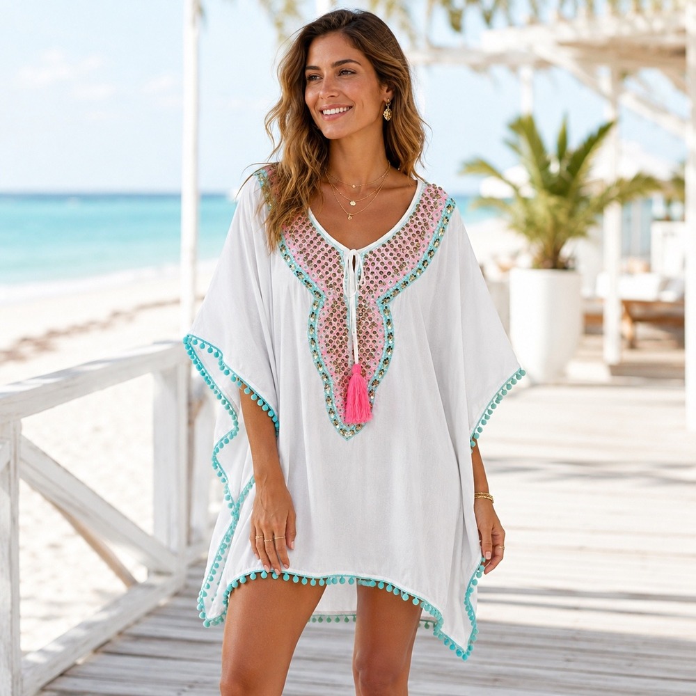 Miss June Paris White Sequin Embroidered Pom Pom Kaftan Tunic Top Cover Up Glam